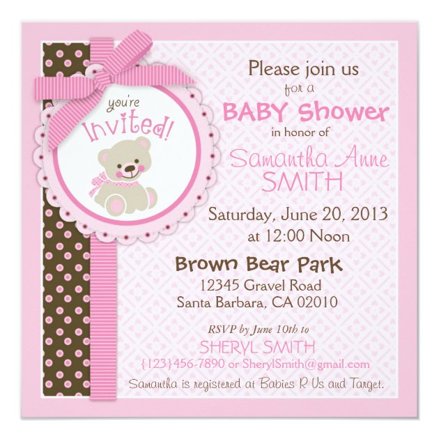 Teddy Bear Girl Baby Shower Pink Invitation