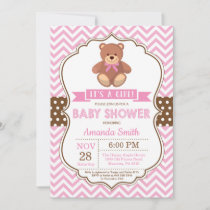 Teddy Bear Girl Baby Shower Pink Chevron Invitation