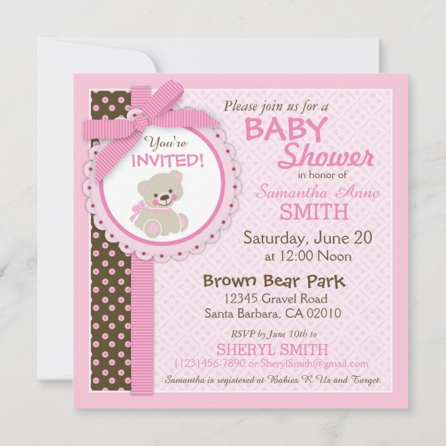 Teddy Bear Girl Baby Shower Pink Invitation (Back)