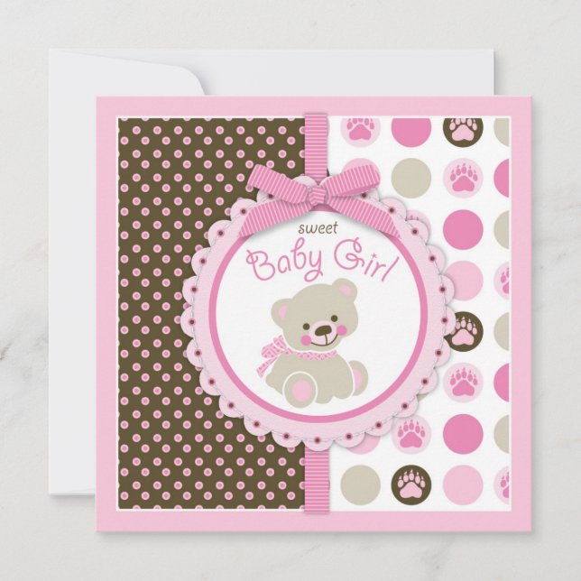 Teddy Bear Girl Baby Shower Pink Invitation (Front)