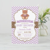 Teddy Bear Girl Baby Shower Purple Chevron Invitation (Standing Front)