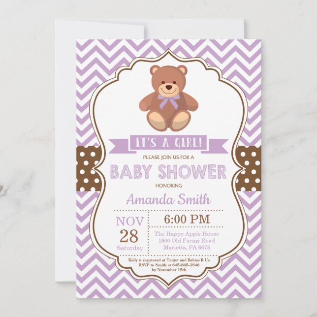 Teddy Bear Girl Baby Shower Purple Chevron Invitation (Front)