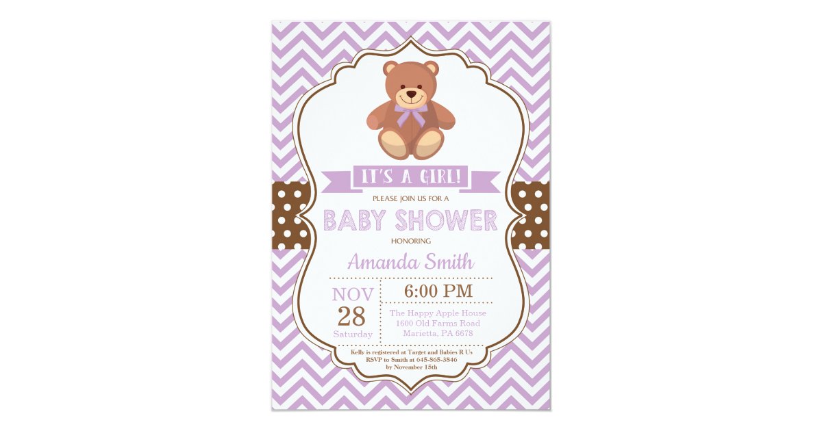 Teddy Bear Girl Baby Shower Purple Chevron Invitation