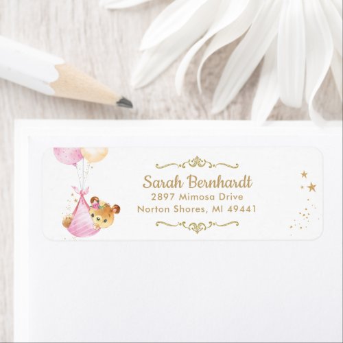 Teddy Bear Girl Baby Shower Return Address Label