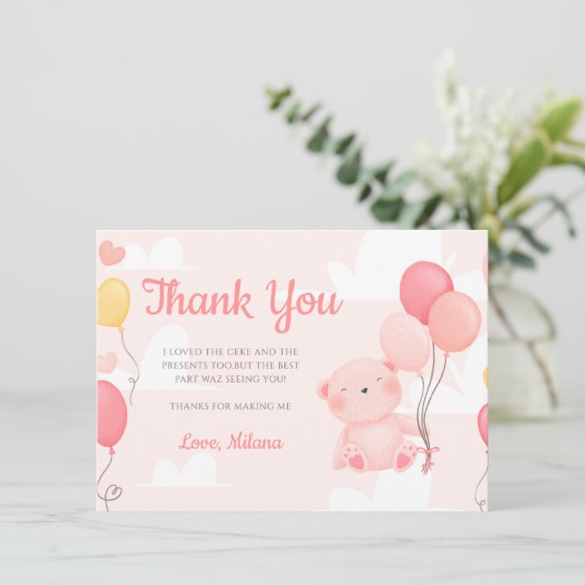 Teddy Bear Girl Baby Shower Thank You Card (Standing Front)