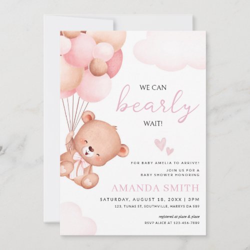 Teddy Bear Girl Baby Shower Watercolor pink Invitation