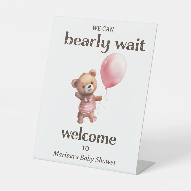Teddy Bear Girl Baby Shower Welcome Pedestal Sign (Front)