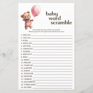 Teddy Bear Girl Baby Shower Word Scramble Game