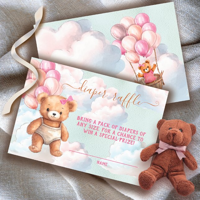 Teddy Bear Girl Balloon Diaper Raffle Card (Matching books for baby and invitation available!)