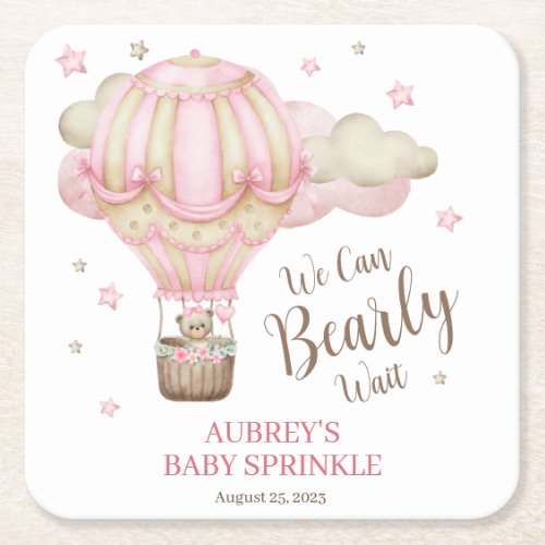 Teddy Bear Girl Bearly Wait Baby Sprinkle Square Paper Coaster