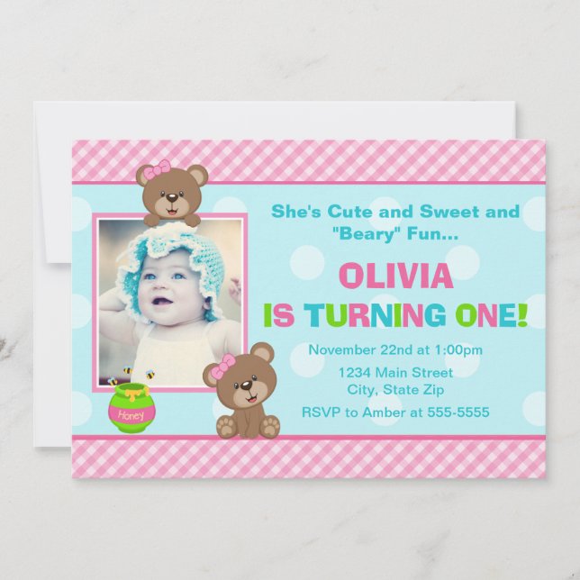 Teddy Bear Girl Birthday Invitation 5x7 Photo Card (Front)