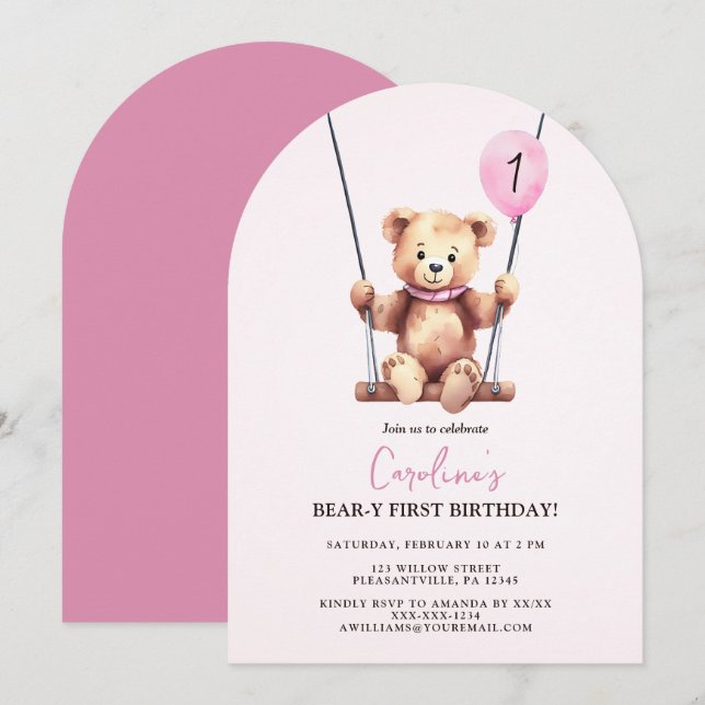 Teddy Bear Girl First Birthday Invitation (Front/Back)