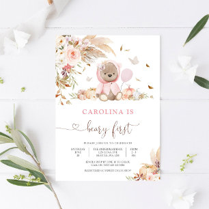 Teddy Bear Girl First Birthday Invitation