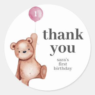 Teddy Bear Girl First Birthday Party Favor Classic Round Sticker