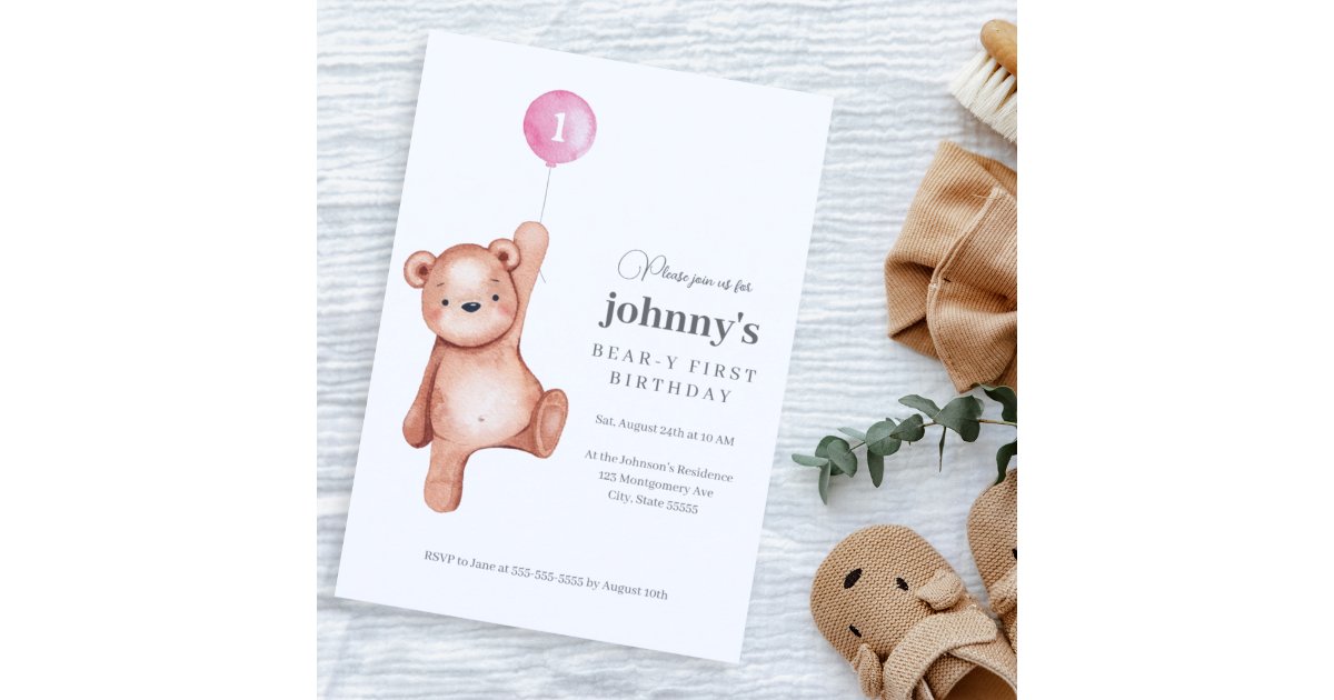Teddy Bear Girl First Birthday Party Invitation | Zazzle