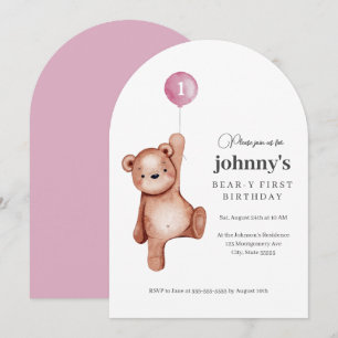 Teddy Bear Girl First Birthday Party Invitation