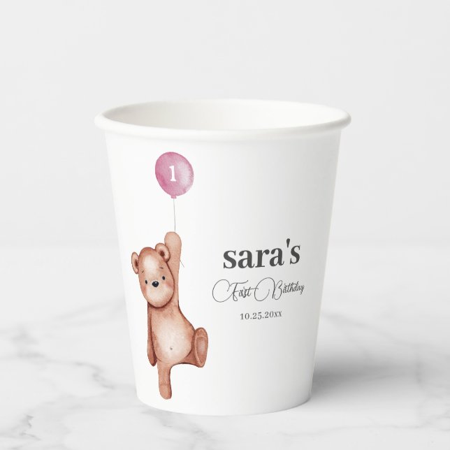 Teddy Bear Girl First Birthday Party Paper Cups (Front)