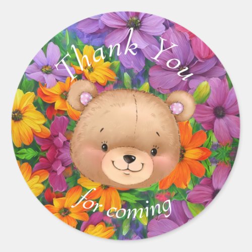 Teddy Bear Girl Flowers Thank You   Classic Round Sticker