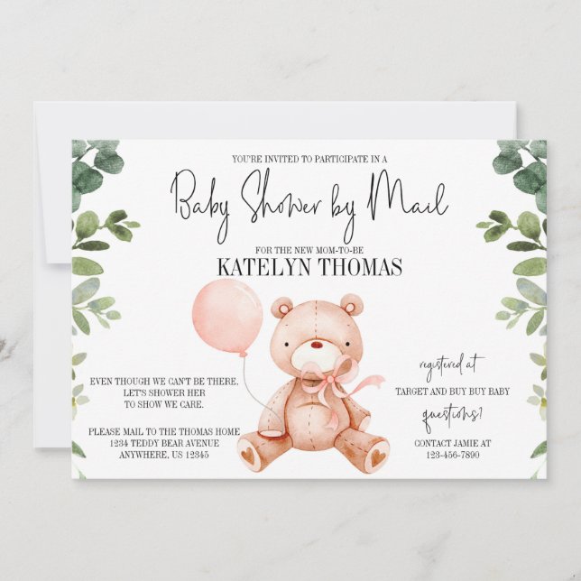 Teddy Bear Girl Greenery Baby Shower by Mail Invitation (Front)