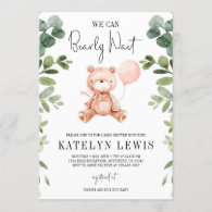 Teddy Bear Girl Greenery Baby Shower Invitation