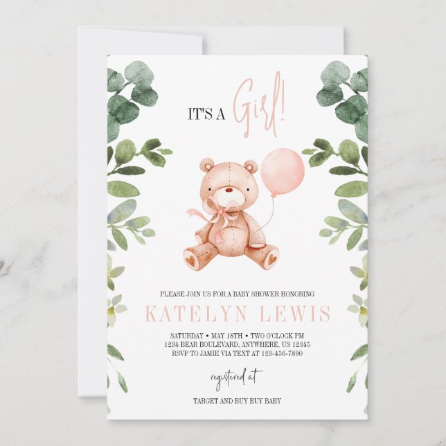 Teddy Bear Girl Greenery Baby Shower Invitation (Front)