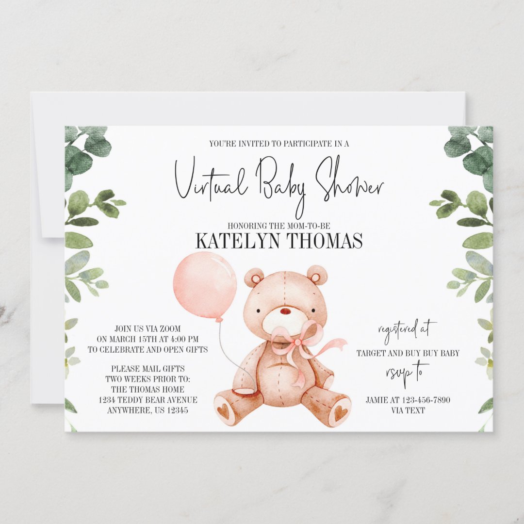 Teddy Bear Girl Greenery Virtual Baby Shower Invitation | Zazzle