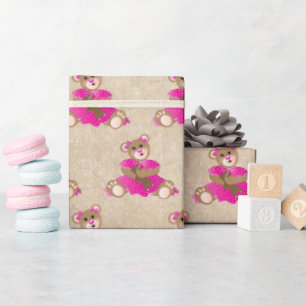 Teddy Bear Girl Holding Baby Bear Pink Dress Wrapping Paper