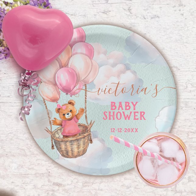 Teddy Bear Girl Hot Air Balloon Baby Shower Paper Plates (Matching invitations available)