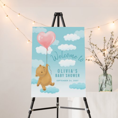 Teddy Bear Girl on Pink Heart Balloon Welcome Baby Foam Board