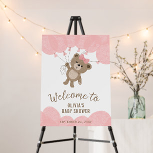 Teddy Bear Girl Pink Balloons Baby Shower Welcome Foam Board