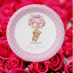 Teddy Bear Girl Pink Balloons   Paper Plates