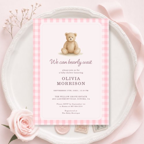 Teddy Bear Girl Pink Gingham Baby Shower Invitation