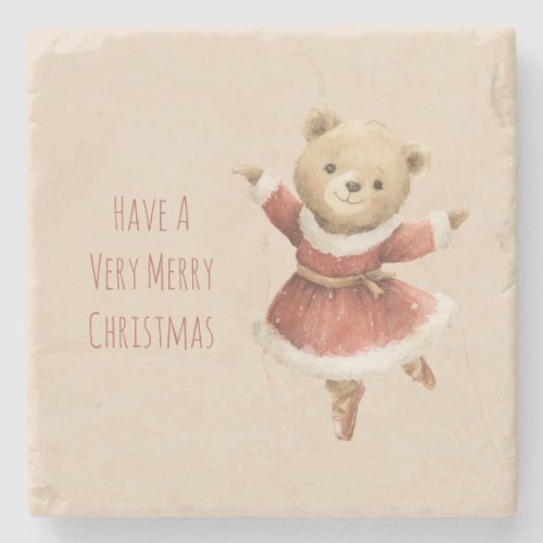 Teddy Bear Girl Red Santa Dress Christmas Stone Coaster