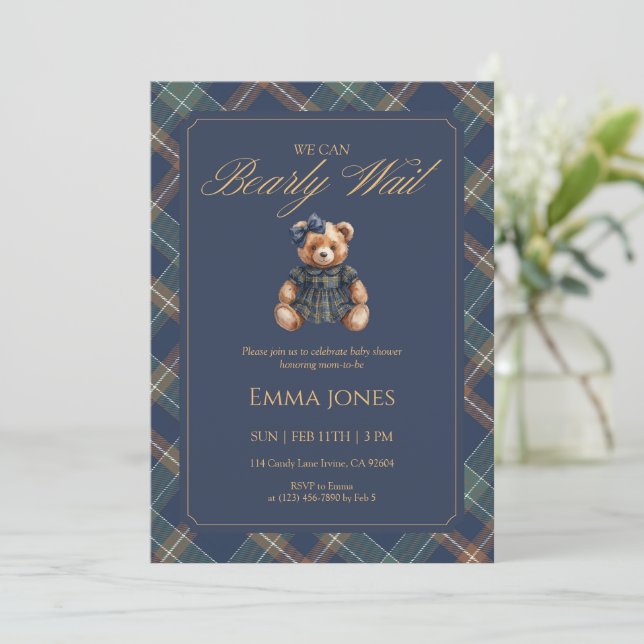 Teddy Bear Girl Tartan Plaid Classic Baby Shower Invitation (Standing Front)