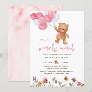 Teddy Bear Girl We Can Bearly Wait Baby Shower Invitation