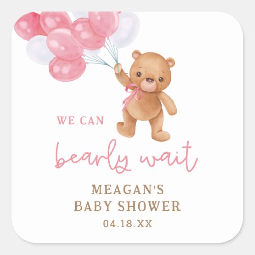 Teddy Bear Girl We Can Bearly Wait Baby Shower Square Sticker