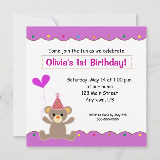 Teddy Bear Girls 1st Birthday Party Invitation (Front)