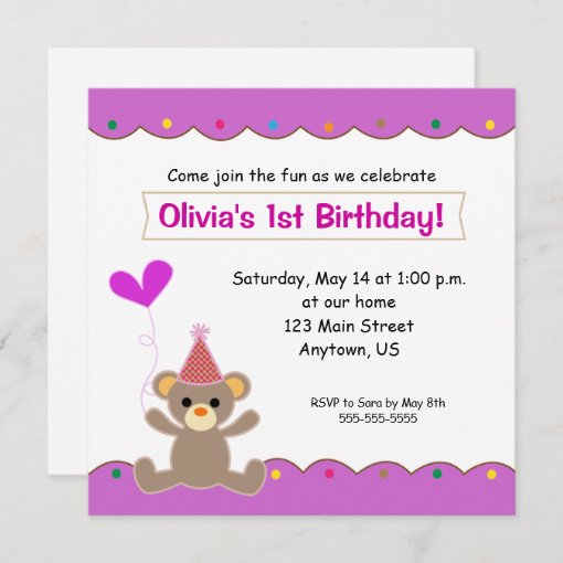 Teddy Bear Girls 1st Birthday Party Invitation | Zazzle