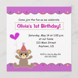 Teddy Bear Girls 1st Birthday Party Invitation