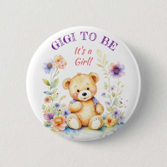 Teddy Bear Girl's Baby Shower Gigi to Be Button (Front)