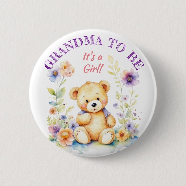 Teddy Bear Girl's Baby Shower Grandma to Be Button (Front)