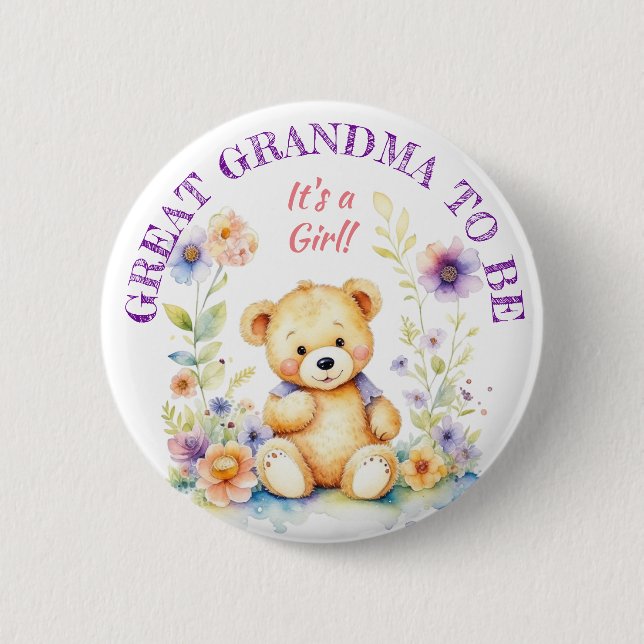 Teddy Bear Girl's Baby Shower Grandma to Be Button (Front)