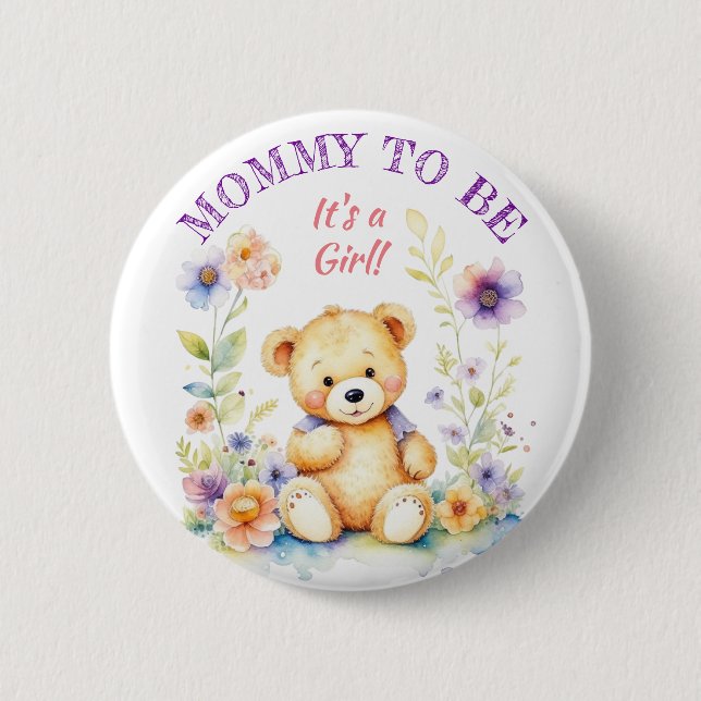 Teddy Bear Girl's Baby Shower Mom to Be Button (Front)