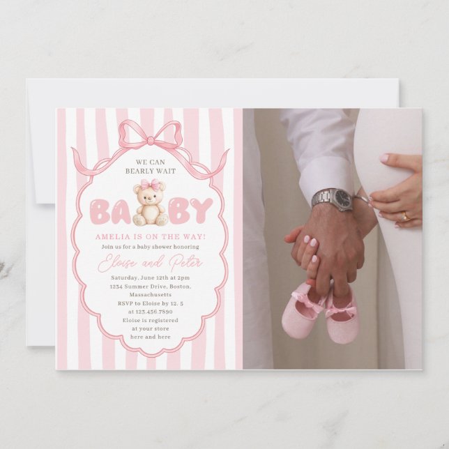 Teddy Bear Girls Pink Bow Baby Shower Invitation (Front)