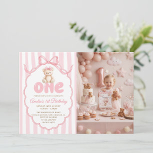 Teddy Bear Girls Pink Bow Stripes 1st Birthday  Invitation