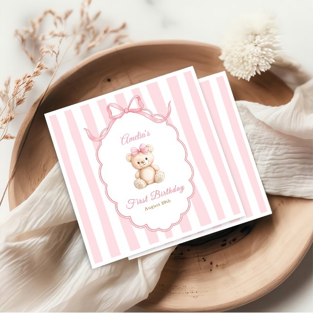Teddy Bear Girls Pink Bow Stripes 1st Birthday Napkins (Creator Uploaded)