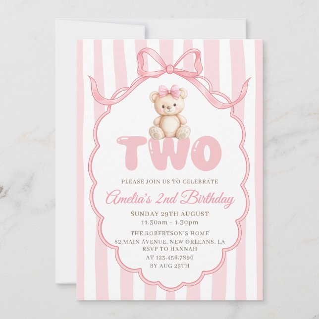 Teddy Bear Girls Pink Bow Stripes 2nd Birthday Invitation (Front)