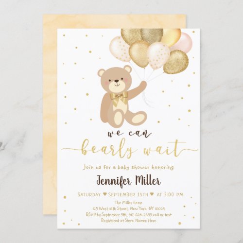 Teddy Bear Gold Balloon Gender Neutral Baby Shower Invitation