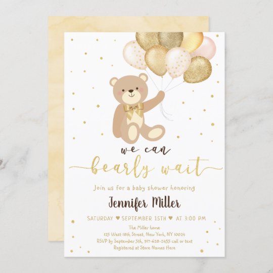 Teddy Bear Gold Balloon Gender Neutral Baby Shower Invitation | Zazzle.com