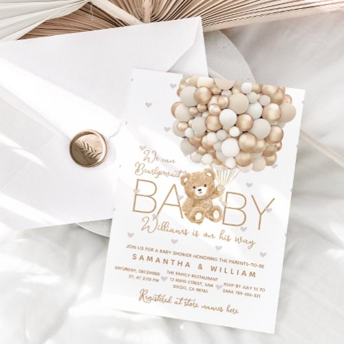 Teddy Bear Gold Balloon Gender Neutral Baby Shower Invitation